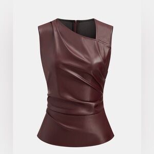 Commense Burgundy Faux Leather Asymmetrical Sleeveless Ruched  Top  NWT